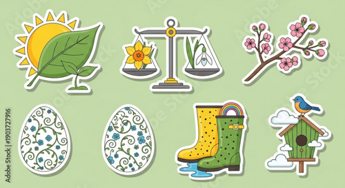 Colorful spring stickers with nature and garden themed icons