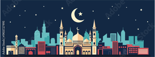 Celebrating ramadan under the starry night sky with mosque and crescent moon