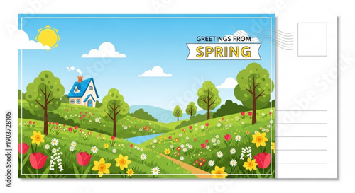 Vibrant spring landscape with house flowers and sunny sky postcard design