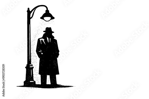 Noir detective silhouette standing under a streetlamp, single central figure reduced to a dark graphic shape, black and