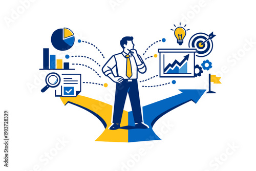Managerial decision-making. A manager standing at a crossroads of charts and icons, data flows guiding the next step.