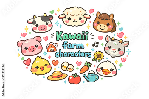 Kawaii Farm Characters. Kawaii farm characters. Hand drawn illustration of Kawaii farm characters. cute cow face,