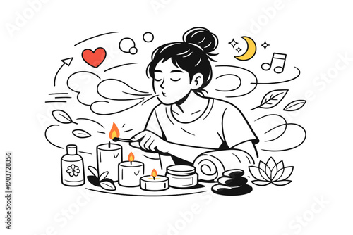 ite, only somSelf-care routine & relaxation. Person lighting candles and exhaling slowly, soft shapes suggesting calm