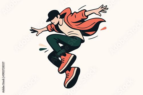 Modern flat illustration of a single stylized dancer mid-jump, captured in a frozen dynamic motion with bent knees and