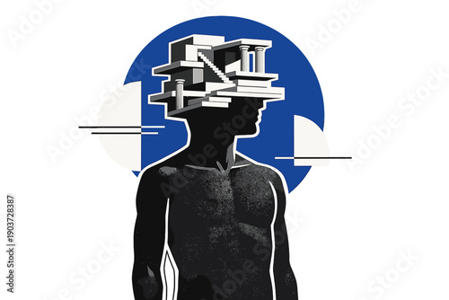 A standing human form whose mind appears as architectural geometry, head composed of flat planes, columns, and layered