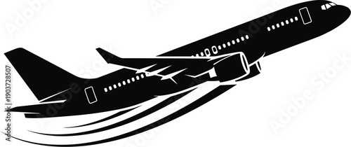 Black Airplane Silhouette Vector Illustration, Commercial Aircraft Takeoff Graphic, CAD Drawing Flat Vector Illustration, Aviation Jet Plane Icon Isolated on White Background