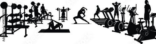 Gym, fitness silhouettes, illustration showing strength training, cardio workout equipment, athletes exercising, isolated black vector design, modern healthy lifestyle concept
