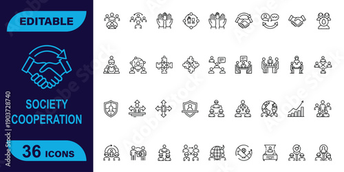 Essential Society and Cooperation Line Icons for Community & Teamwork, Featuring Global Partnership and Shared Goals