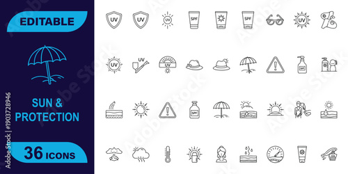 Comprehensive Sun Protection & UV Safety Outline Icons, Featuring Summer Skincare, Outdoor Health, and Weather Conditions