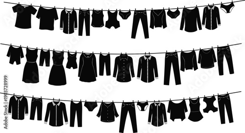 Laundry, clothesline, silhouettes, clothing, garments, drying, household, daily, life, fashion, shirts, pants, underwear, dresses, domestic, routine, isolated, black, vector, illustration