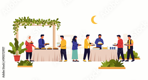 Flat Vector illustration A Muslim family is queuing to take food to carry out iftar to break the fast during Ramadan, Iftar outdoors as part of Muslim activities during Ramadan