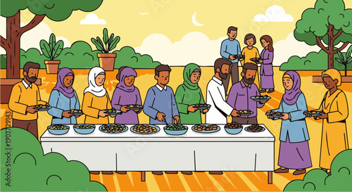 Flat Vector illustration A Muslim family is queuing to take food to carry out iftar to break the fast during Ramadan, Iftar outdoors as part of Muslim activities during Ramadan