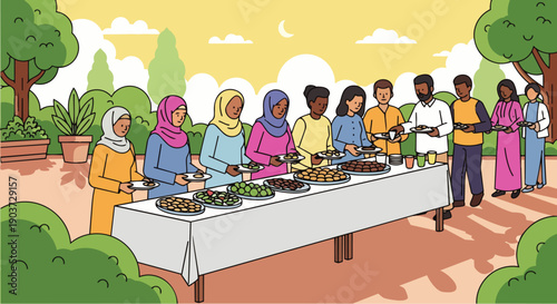 Flat Vector illustration A Muslim family is queuing to take food to carry out iftar to break the fast during Ramadan, Iftar outdoors as part of Muslim activities during Ramadan