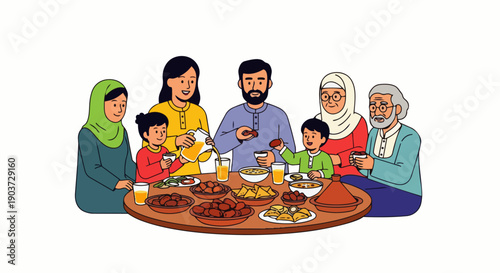 Flat vector illustration of Muslim family members gathered around the dining table enjoying traditional food together on the terrace, eating iftar or breaking the fast outdoors