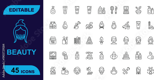 Editable beauty and cosmetic icons, featuring makeup, skincare products, hair care, and facial features on dark teal.