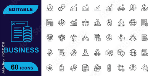 Editable 60 line icons for business and finance, including charts, money, people, and global concepts