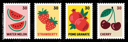 Colorful fruit stamps with watermelon strawberry pomegranate and cherry illustrations