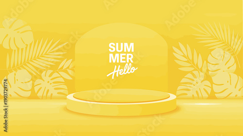 Yellow summer background with podium and tropical leaves and text on a yellow wall