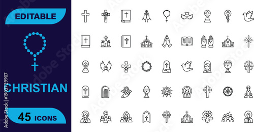Editable set of 45 line icons for Christian faith, including crosses, Bibles, churches, and prayer symbols