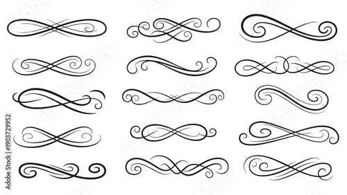 Collection of elegant calligraphic flourishes and decorative dividers is arranged in three columns on a white background.