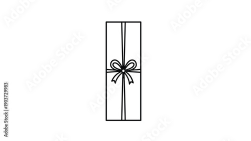 Tall and narrow gift box wrapped in simple paper with a delicate bow is depicted in a clean black line drawing.