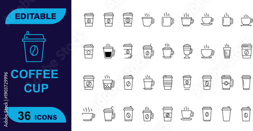 Editable 36 line icons showcasing various coffee cups, mugs, and hot beverages for cafe and morning themes