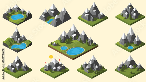 Isometric tiles showing various mountain landscapes with green grass, lakes, and trees are perfect for game design.