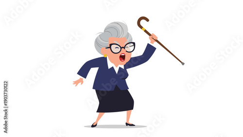 Grumpy senior woman with grey hair and glasses looks angry while shaking her wooden walking cane in a threatening manner.