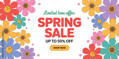 Colorful spring sale advertisement with flowers and limited time offer text on white background
