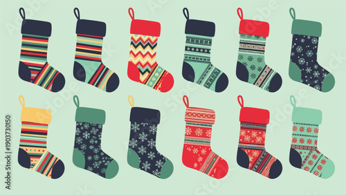 Twelve unique Christmas stockings with various festive patterns and colors are arranged in two rows on a light green background.