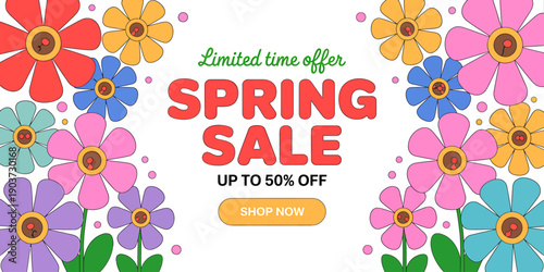 Colorful spring sale advertisement with flowers and limited time offer