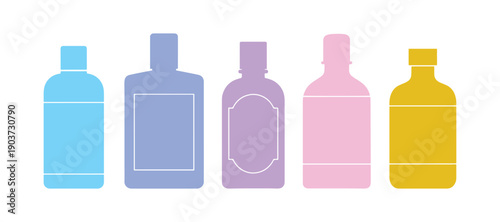 Lotion-filled bottle.  Aftershave lotions.  Lotion for post-shave care.  Tonic solution.  Cologne fragrance.  Micellar cleansing water.  Flat vector illustration or icon set.  