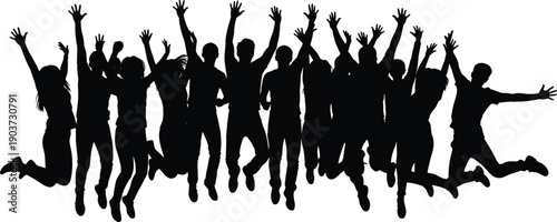 Jumping crowd silhouette of happy people celebrating success and freedom, energetic group joy concept illustration isolated on white background for stock design