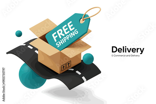 Free shipping card on cardboard box on road with delivery concept