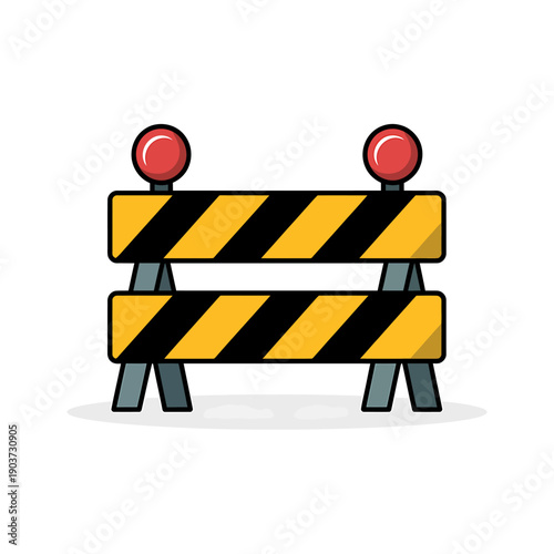 Yellow and black road construction barrier with red lights on top isolated on white background