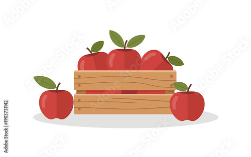 Red apples in a wooden crate on white background for food or fruit concept
