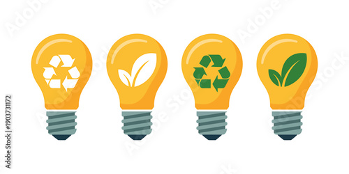Four eco friendly light bulbs with recycling and leaf symbols on white background