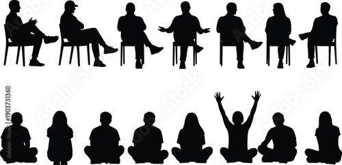 Vector Illustration Set of People Silhouettes Sitting on Chairs and Floor for Office Meetings Social Gatherings Relaxation and Modern Lifestyle Designs