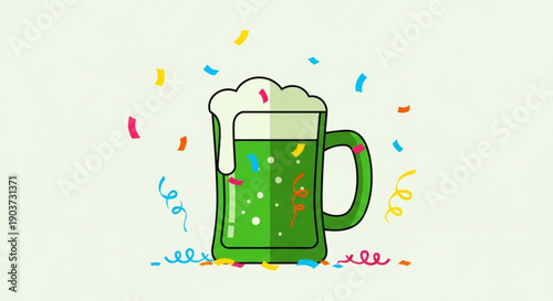 Green beer mug with confetti and foam on light background celebrating