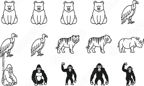 Vector Illustration Set of Wildlife Animal Icons Including Bear Vulture Tiger Rhino and Gorilla Silhouettes for Nature and Zoo Designs