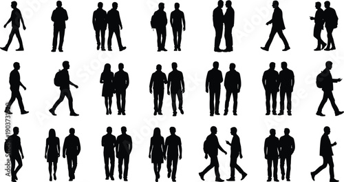 People walking and standing silhouette set showing groups and couples, urban crowd lifestyle figures collection illustration isolated on white background for stock design