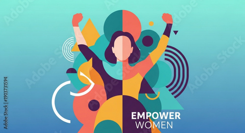 Empowered woman with raised arms in colorful abstract background