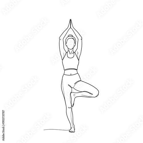 Line drawing of a woman performing the Tree Pose (Vrksasana) in yoga, balancing on one leg with hands in prayer position above her head.
