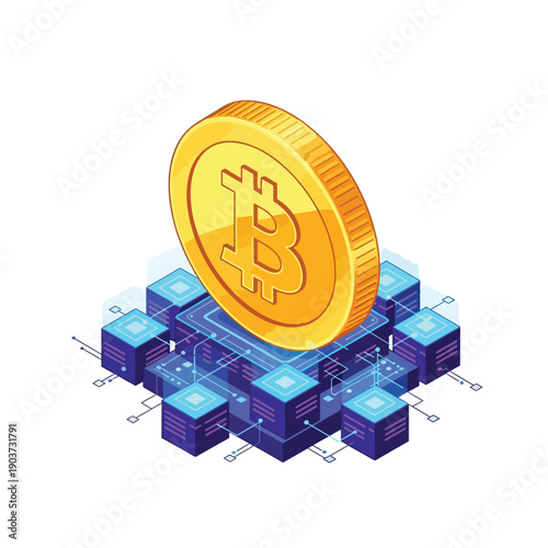 A golden Bitcoin coin on a futuristic blue circuit board with data blocks, symbolizing cryptocurrency and blockchain technology.