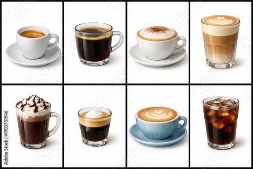 Coffee drink variety collage with espresso americano cappuccino latte and cold brew