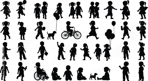 Collection of children silhouettes in various activities including walking, playing, cycling, sitting and balloon holding, childhood actions set, black icon illustration isolated white background