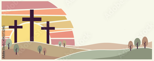 Horizontal banner with three crosses on hill