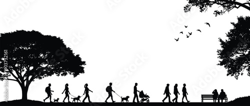 Vector Illustration of People Silhouettes Walking in Park with Dogs and Strollers under Trees for Outdoor Lifestyle and Nature Designs