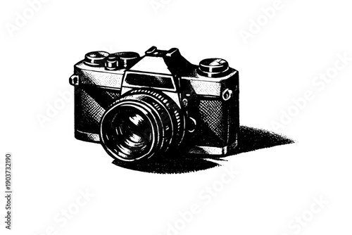 Black and white halftone illustration of a retro film camera lit with dramatic noir-style lighting, sharp shadows