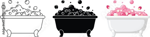 Collection of bathtubs with bubbles featuring line art silhouette and pink foam designs for relaxation and hygiene concepts